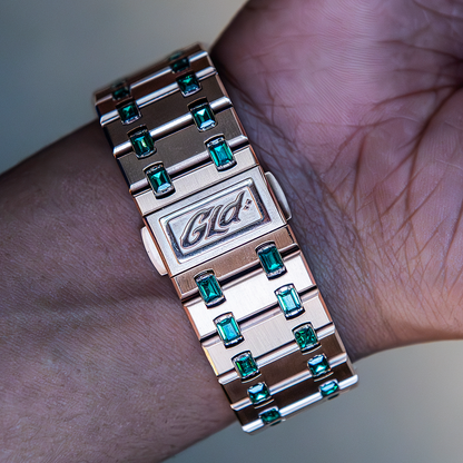 39MM Visionary Iced Emerald Stone Steel Band Watch - Rose Gold