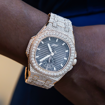 39MM Visionary Fully Iced Case & Chocolate Dial Watch - Rose Gold