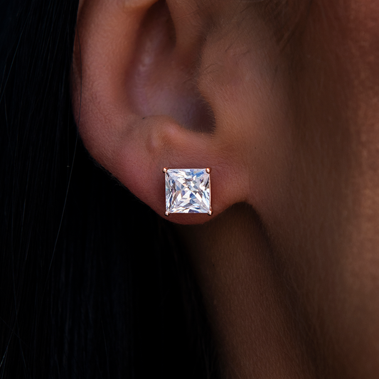 7MM Square Cut Diamond Stud Earrings - Rose Gold