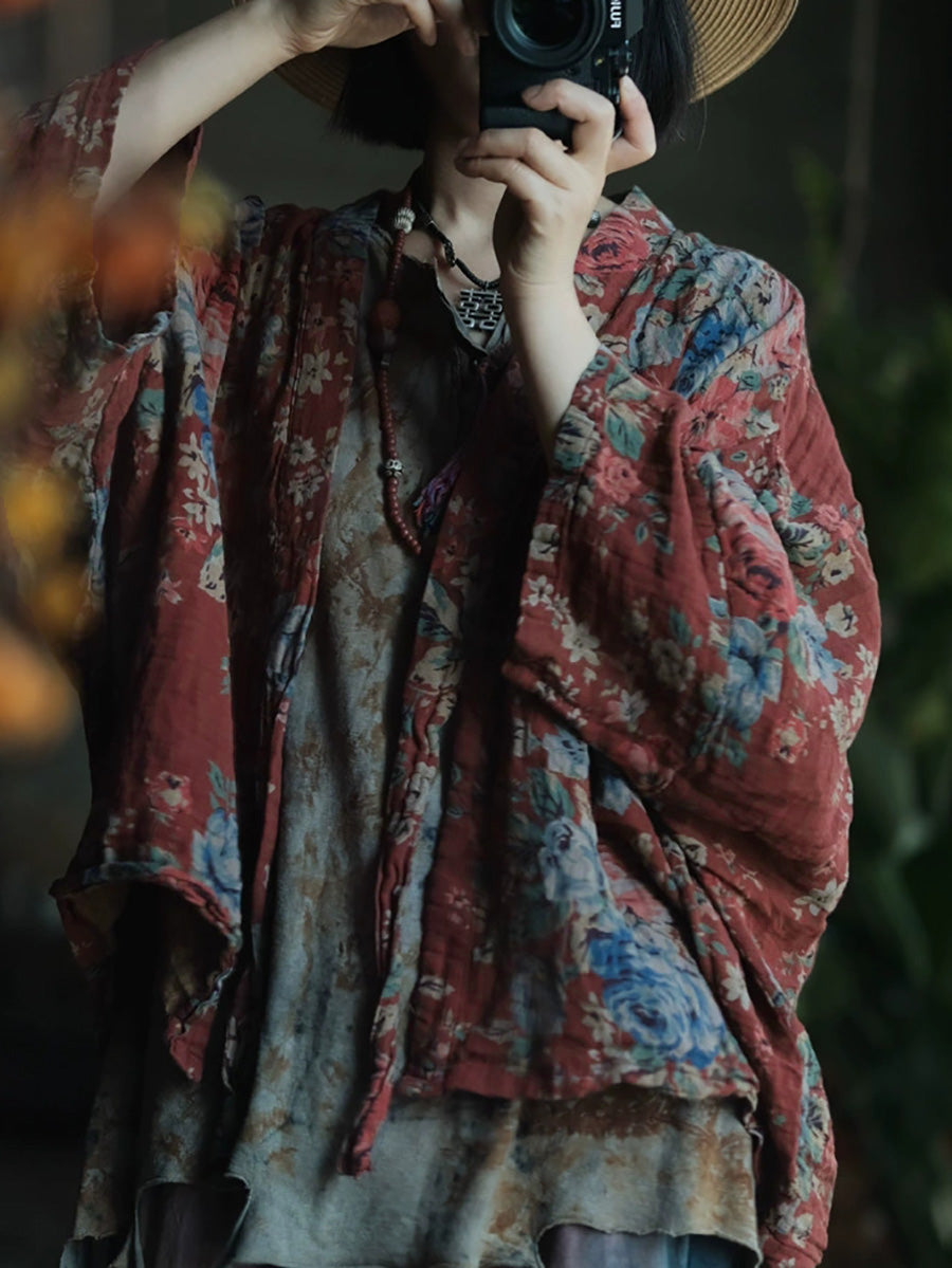 女士春季復古碎花V領棉質襯衫外套