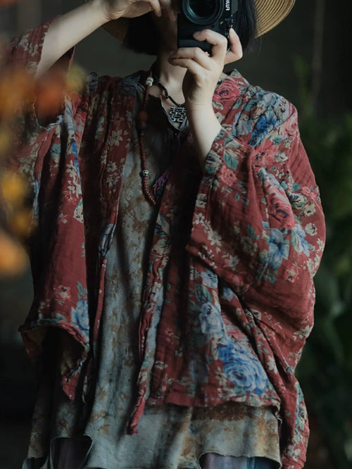 女士春季復古碎花V領棉質襯衫外套