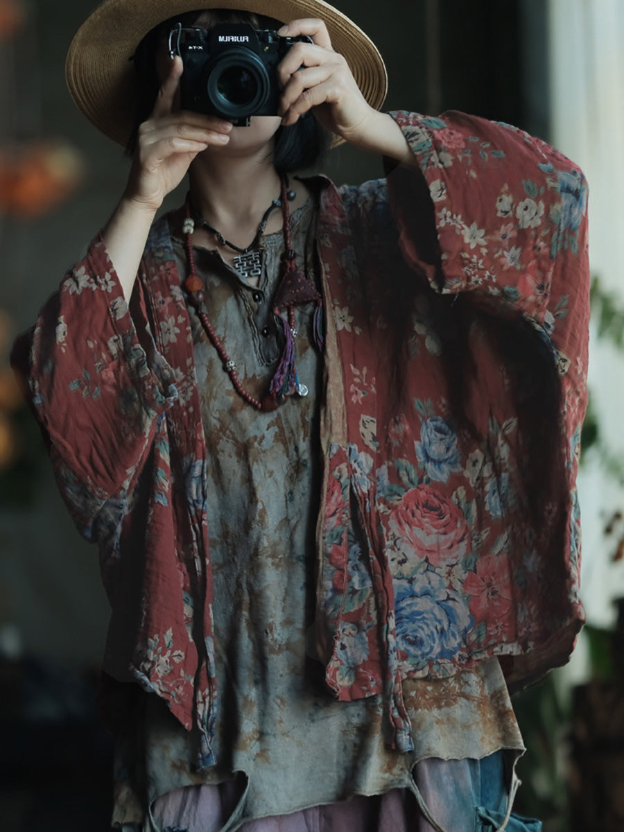 女士春季復古碎花V領棉質襯衫外套