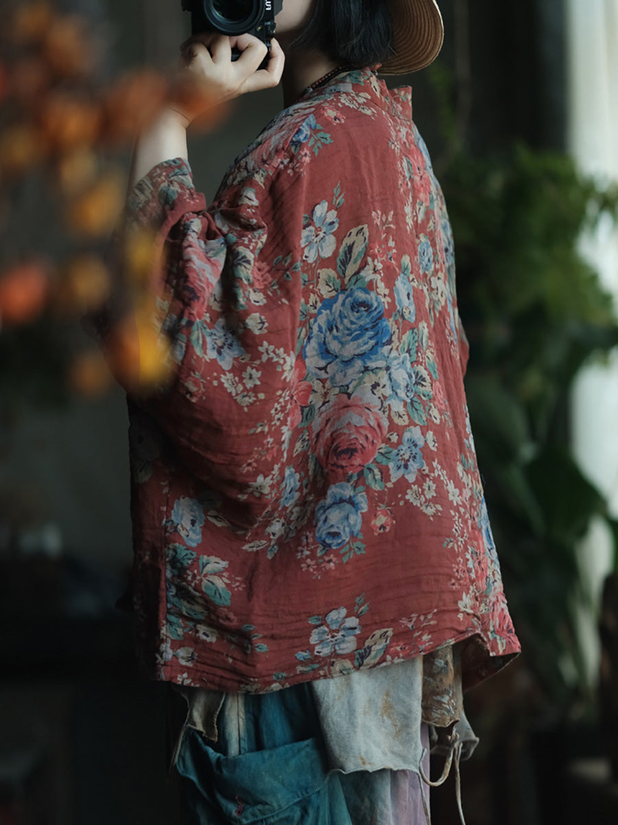 女士春季復古碎花V領棉質襯衫外套