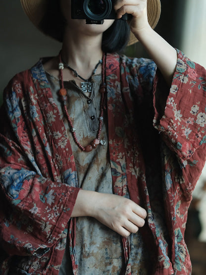 女士春季復古碎花V領棉質襯衫外套