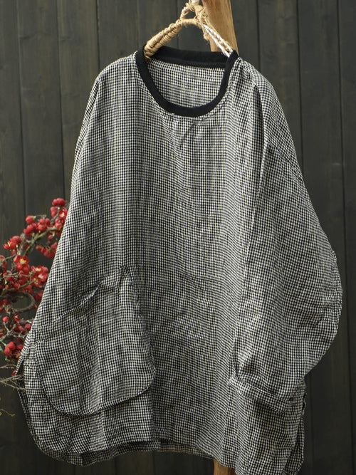 女士春季復古格紋圓領亞麻襯衫