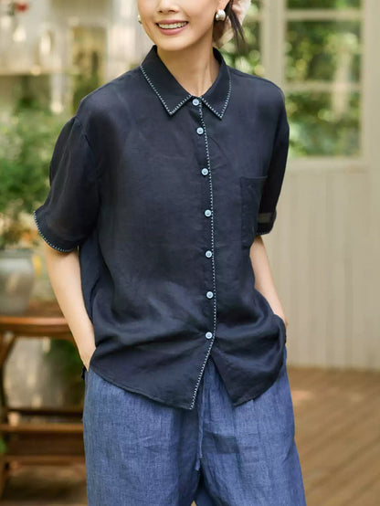 女士夏季藝術風苧麻翻領襯衫