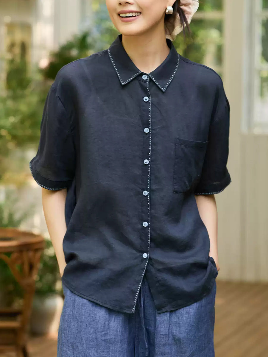 女士夏季藝術風苧麻翻領襯衫