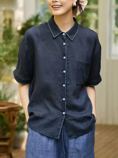 女士夏季藝術風苧麻翻領襯衫