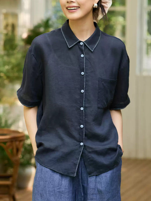 女士夏季藝術風苧麻翻領襯衫