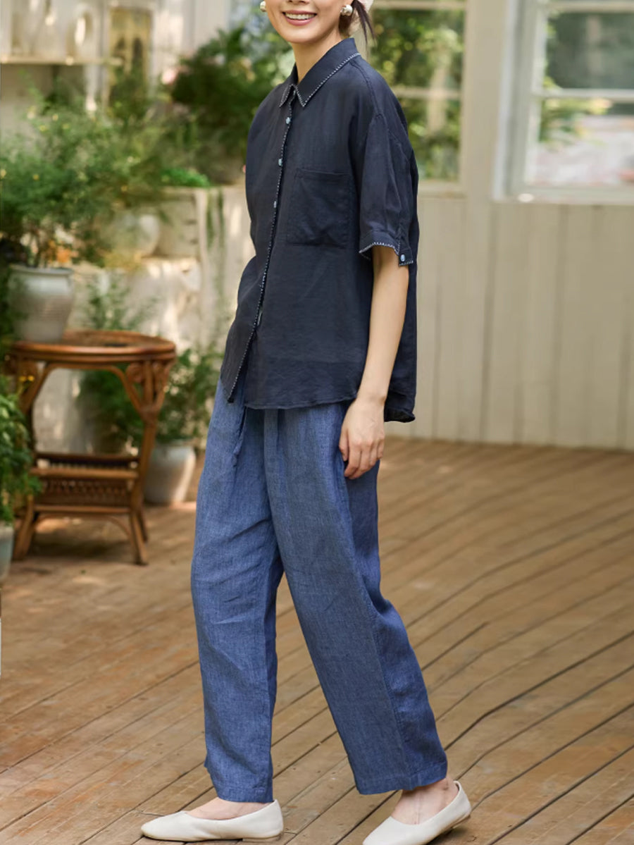 女士夏季藝術風苧麻翻領襯衫