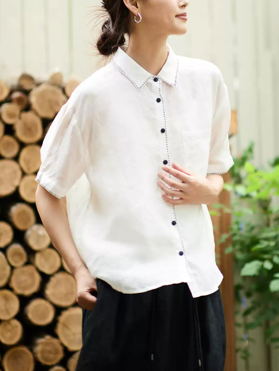 女士夏季藝術風苧麻翻領襯衫