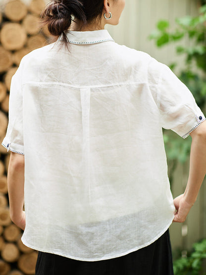 女士夏季藝術風苧麻翻領襯衫