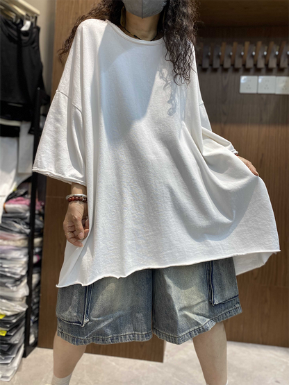 女士夏季藝術純色棉質圓領襯衫