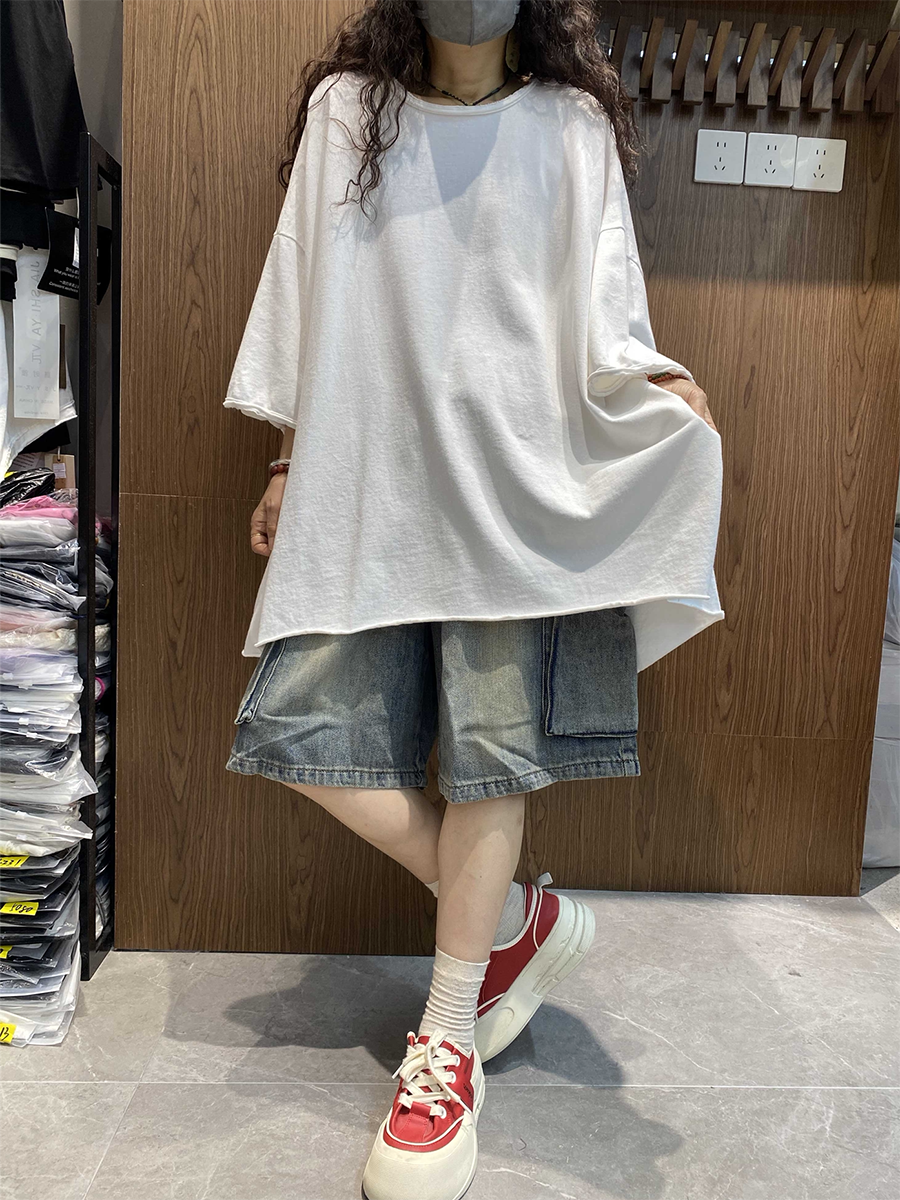 女士夏季藝術純色棉質圓領襯衫