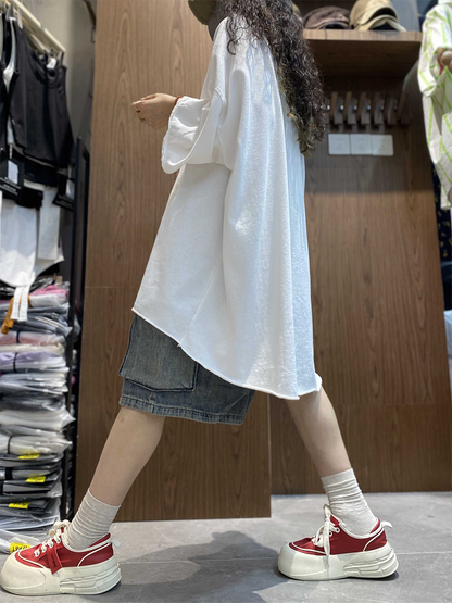 女士夏季藝術純色棉質圓領襯衫