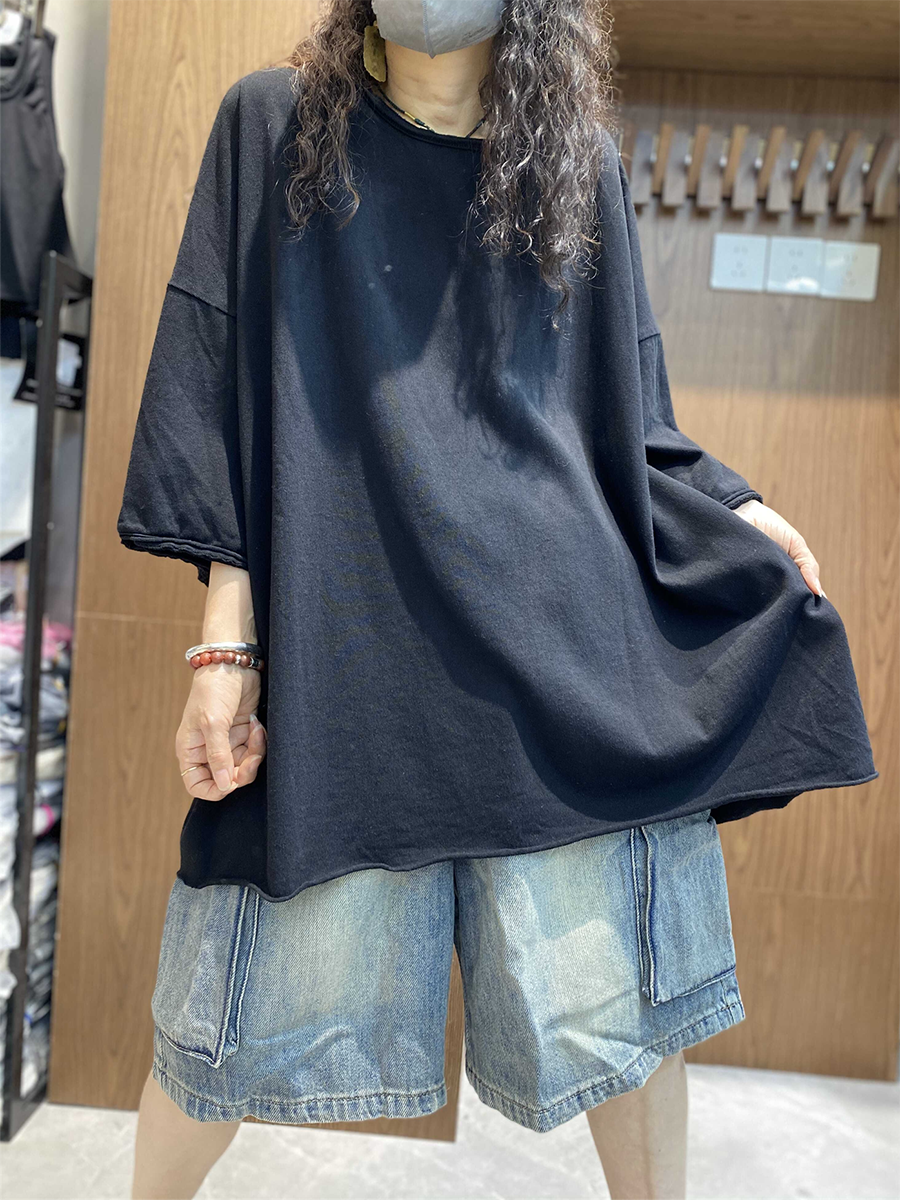 女士夏季藝術純色棉質圓領襯衫