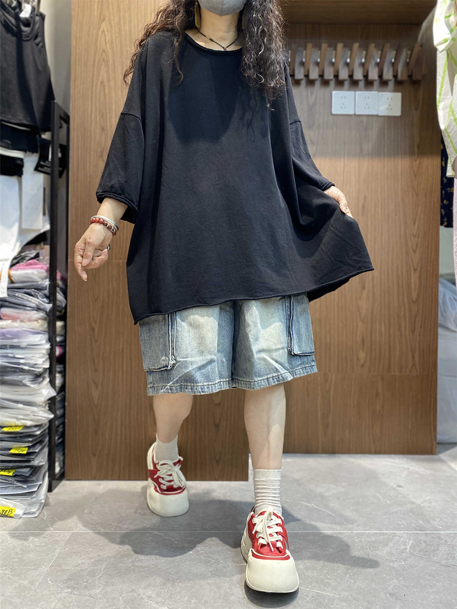 女士夏季藝術純色棉質圓領襯衫