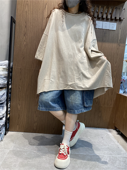 女士夏季藝術純色棉質圓領襯衫