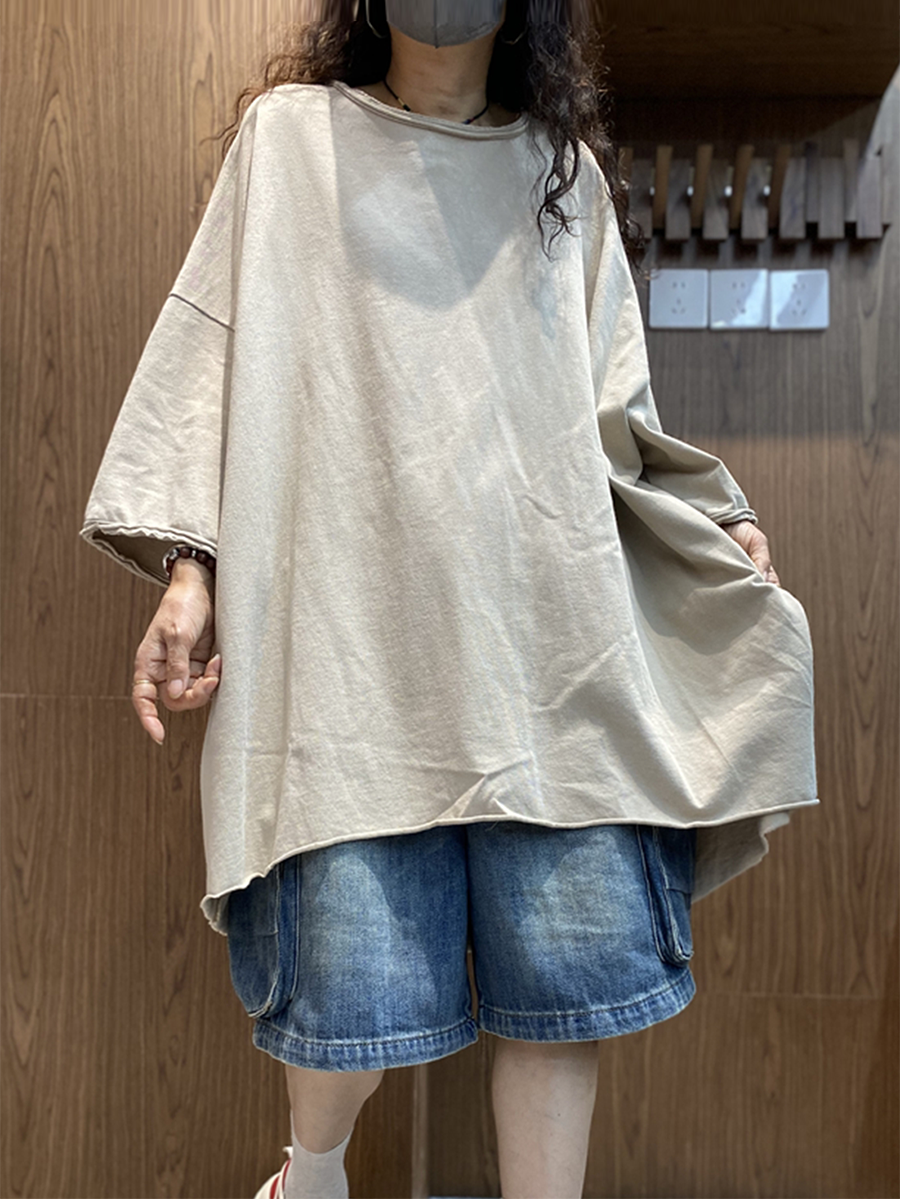 女士夏季藝術純色棉質圓領襯衫