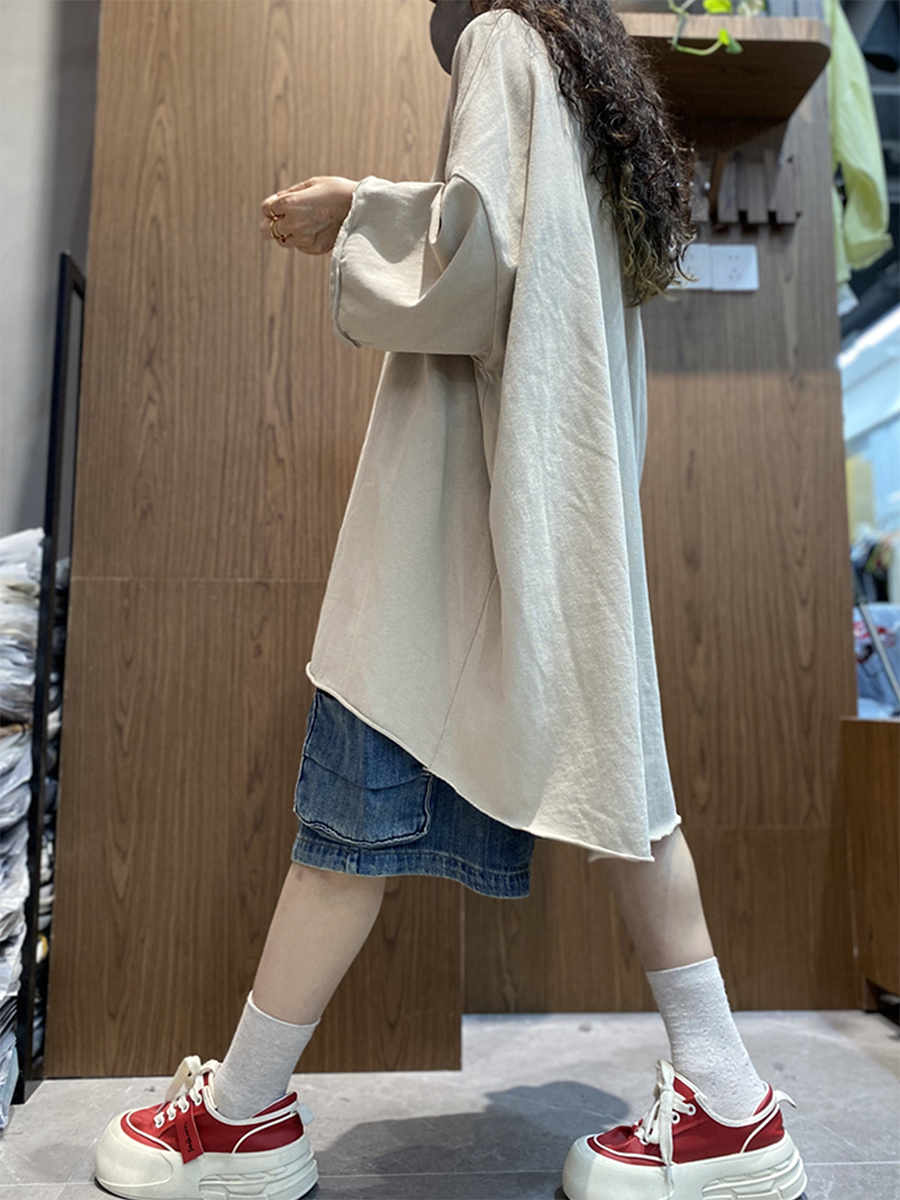 女士夏季藝術純色棉質圓領襯衫