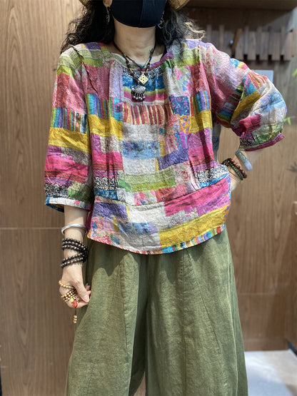女士夏季藝術風拼接圓領襯衫