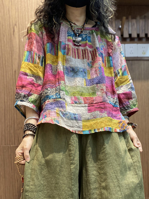 女士夏季藝術風拼接圓領襯衫