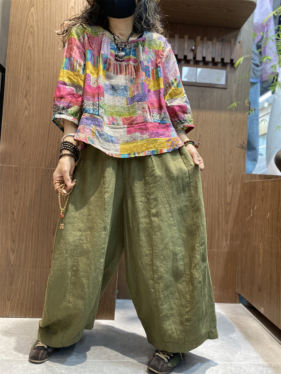 女士夏季藝術風拼接圓領襯衫