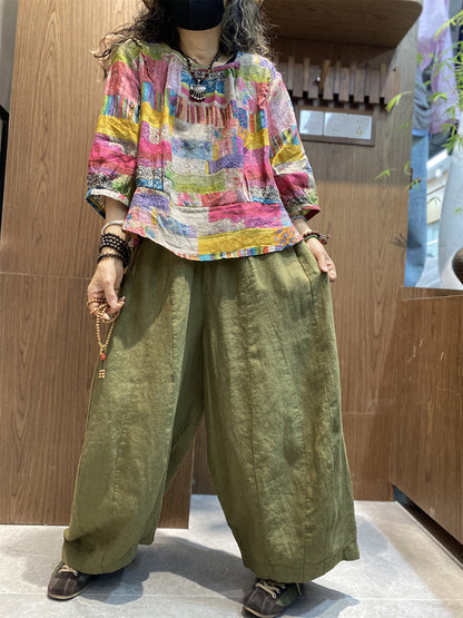 女士夏季藝術風拼接圓領襯衫