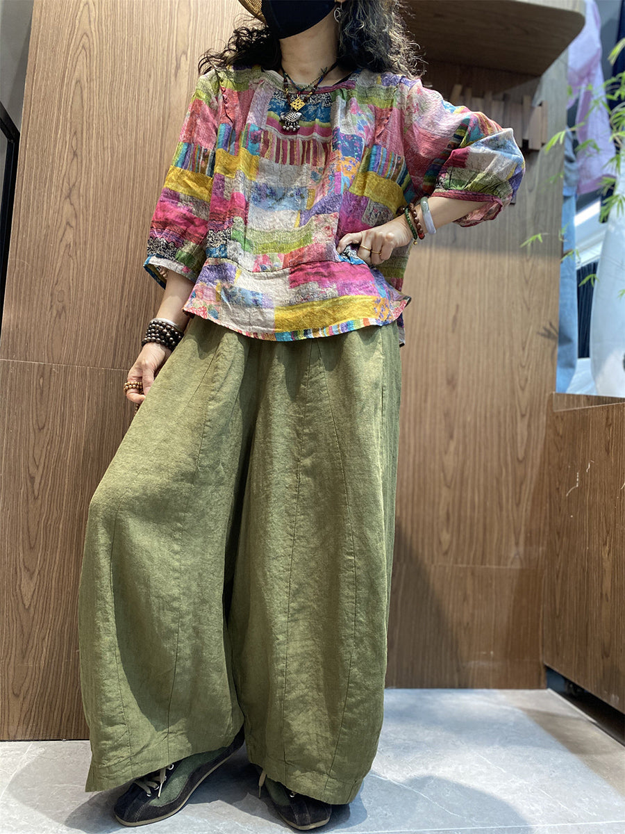 女士夏季藝術風拼接圓領襯衫