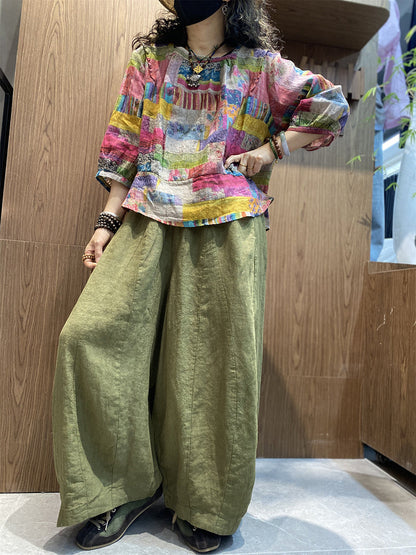 女士夏季藝術風拼接圓領襯衫
