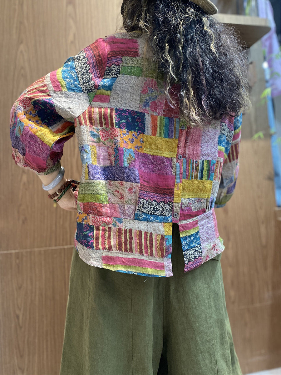 女士夏季藝術風拼接圓領襯衫