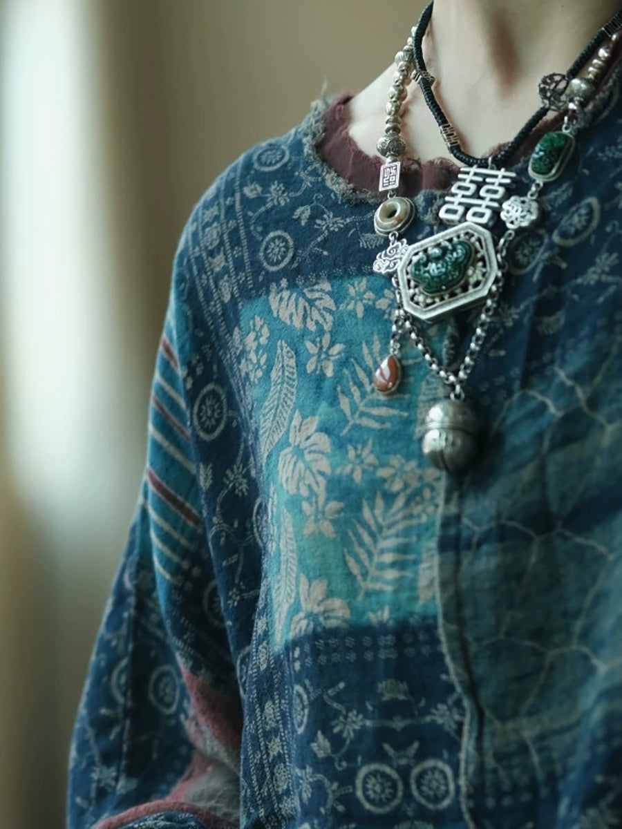 女士夏季復古拼接圓領棉質襯衫