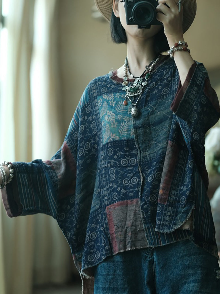 女士夏季復古拼接圓領棉質襯衫