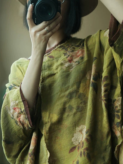 女士夏季碎花棉質圓領襯衫