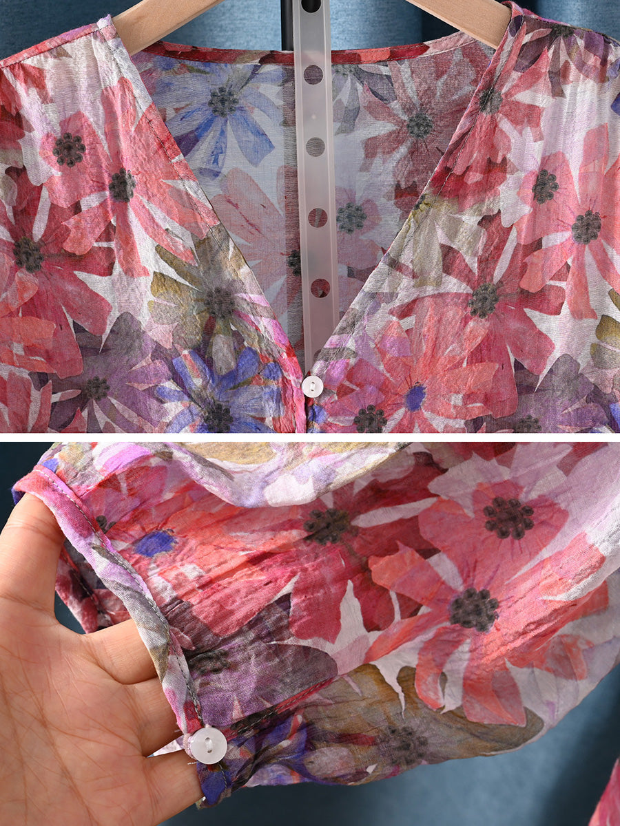 女士夏季藝術風花卉V領襯衫