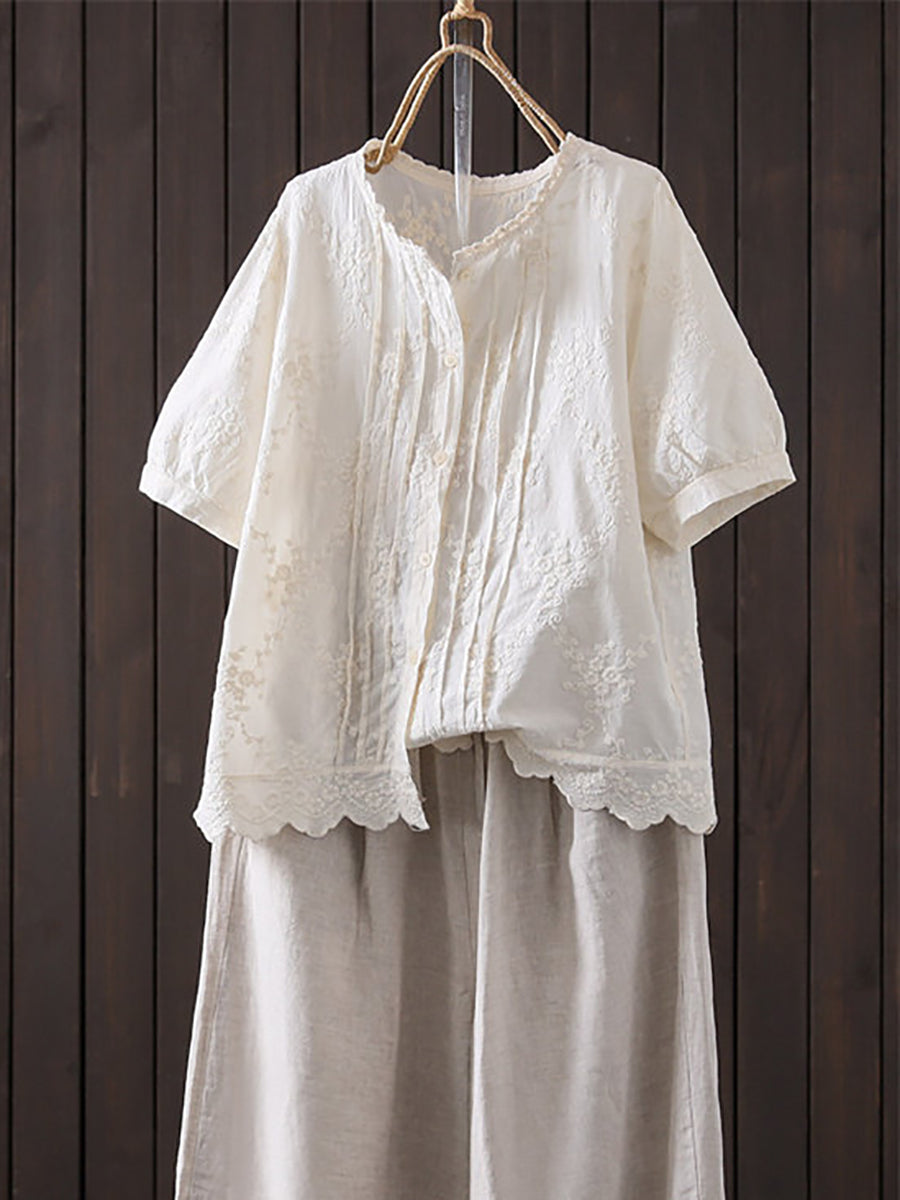女士夏季藝術刺繡撞色100%純棉襯衫