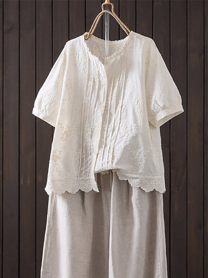 女士夏季藝術刺繡撞色100%純棉襯衫