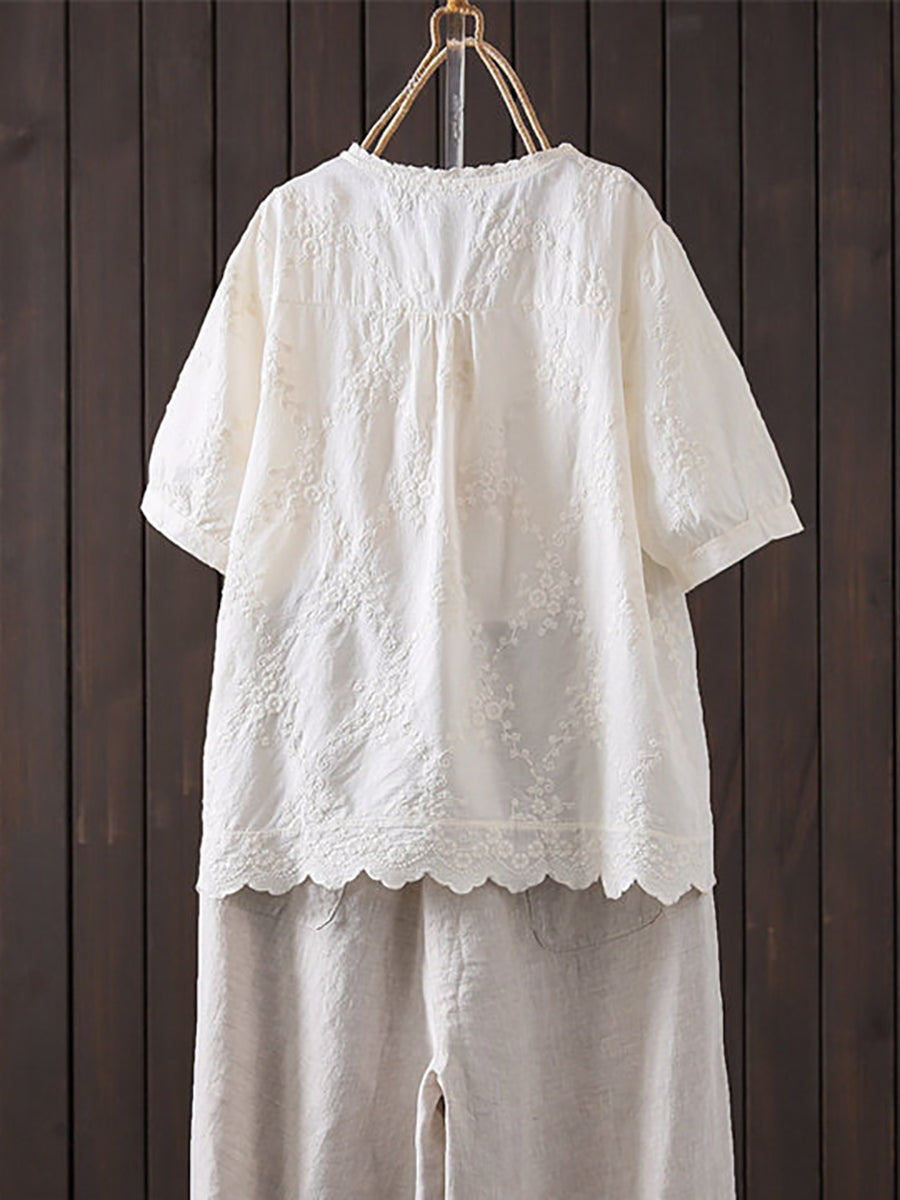 女士夏季藝術刺繡撞色100%純棉襯衫