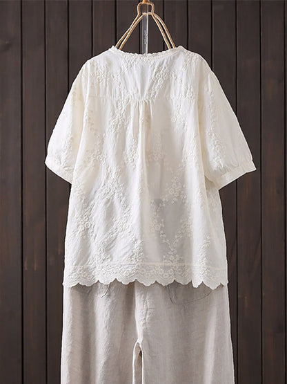 女士夏季藝術刺繡撞色100%純棉襯衫