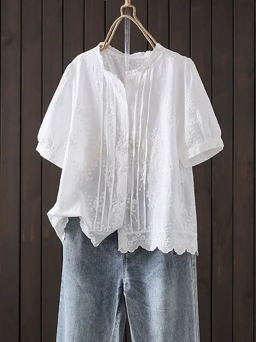 女士夏季藝術刺繡撞色100%純棉襯衫