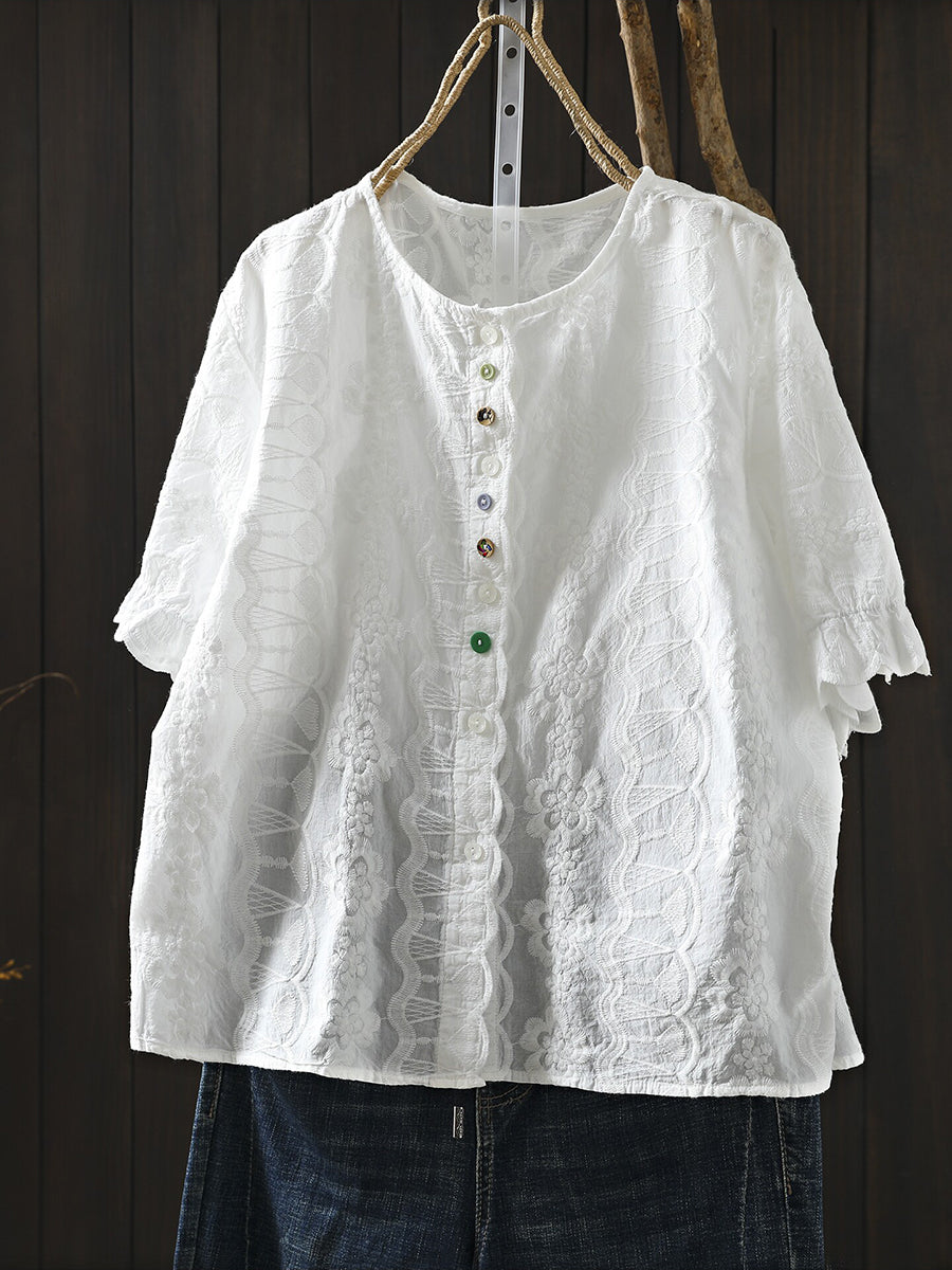 女士夏季藝術刺繡圓領100%純棉襯衫