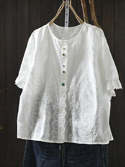 女士夏季藝術刺繡圓領100%純棉襯衫