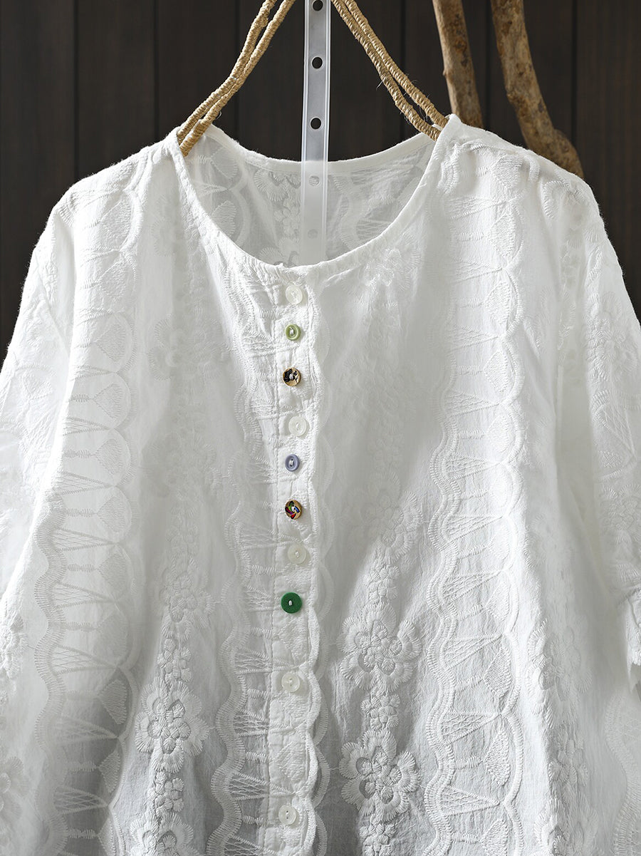 女士夏季藝術刺繡圓領100%純棉襯衫