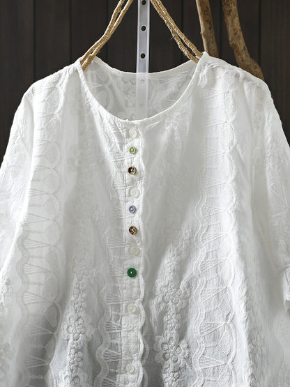 女士夏季藝術刺繡圓領100%純棉襯衫