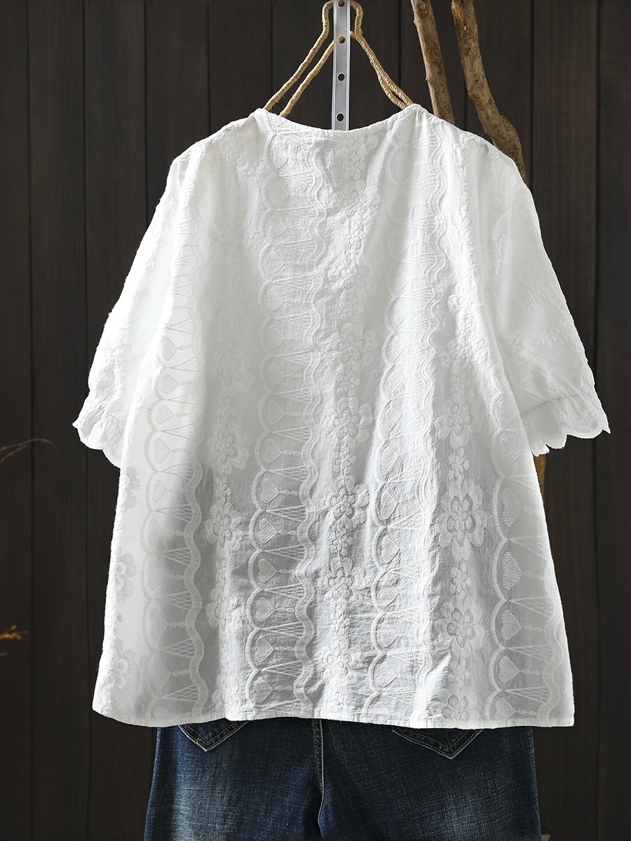 女士夏季藝術刺繡圓領100%純棉襯衫