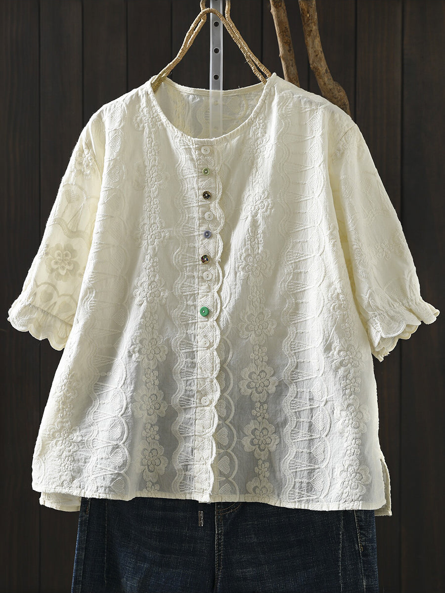 女士夏季藝術刺繡圓領100%純棉襯衫