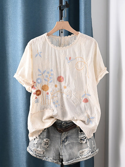 女士夏季藝術花卉刺繡100%純棉襯衫