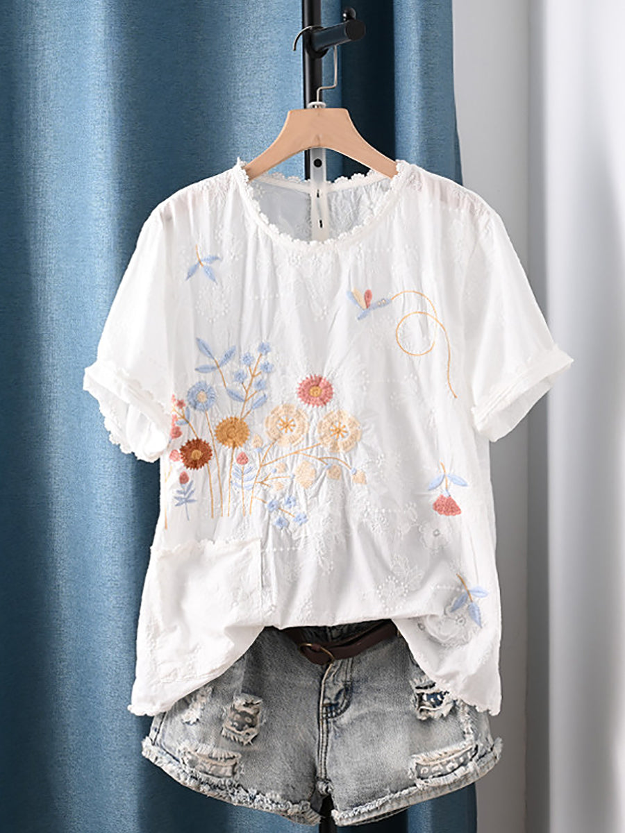 女士夏季藝術花卉刺繡100%純棉襯衫
