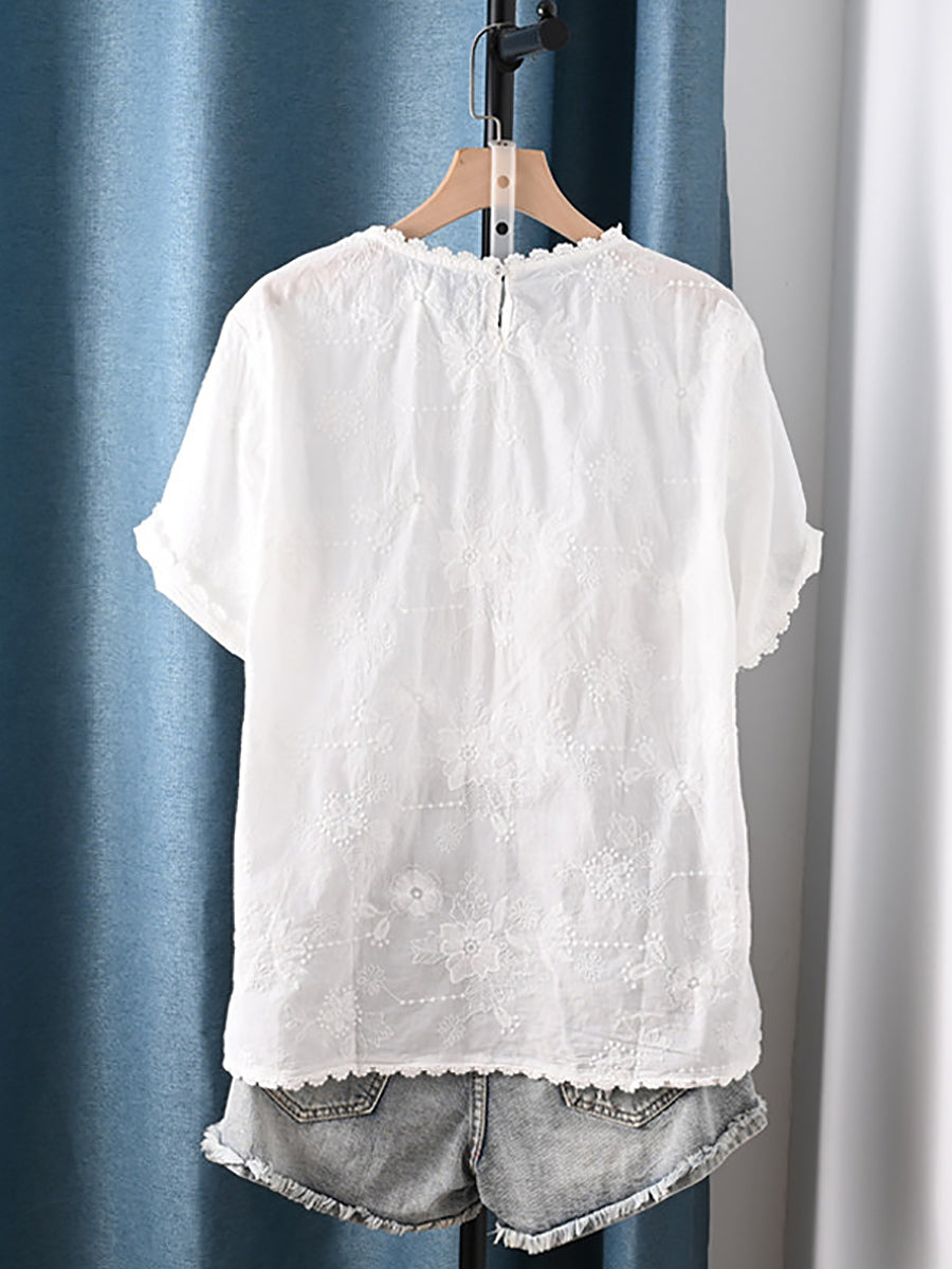 女士夏季藝術花卉刺繡100%純棉襯衫