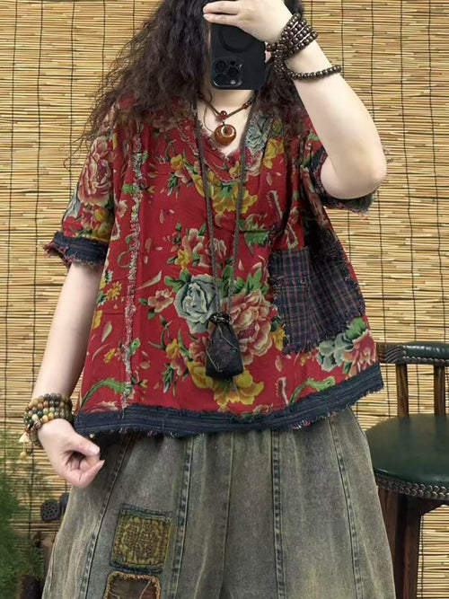 女士夏季復古花卉拼接V領T卹